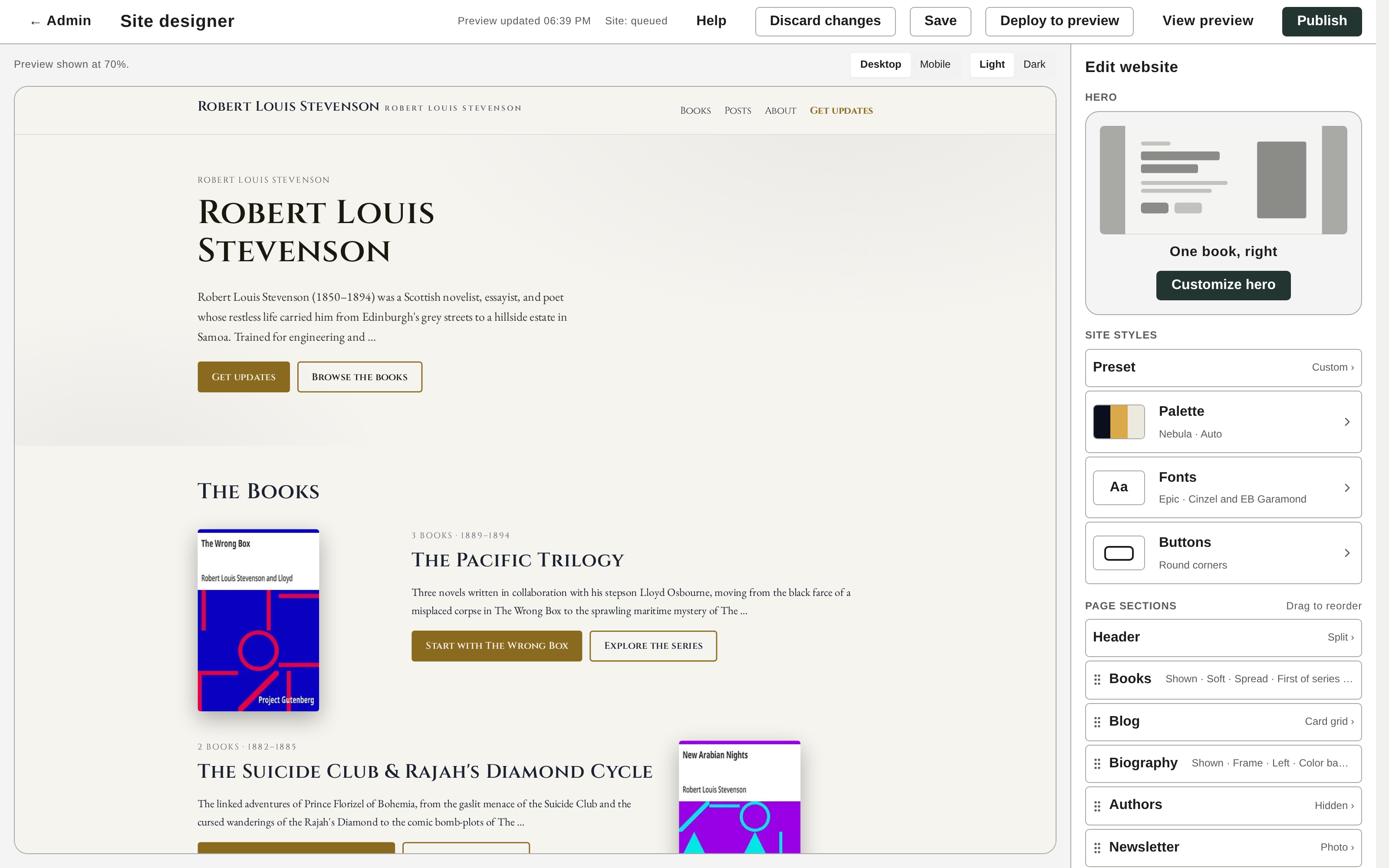 The Site Designer's live preview beside its choices rail